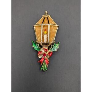 Vintage Beatrix Christmas Lantern Brooch Gold Tone Enamel Holly Bow Candle Pin